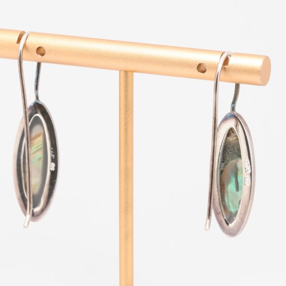 Vintage Sterling Silver Oval Abalone Fish Hook Earrings - Picture 2 of 5
